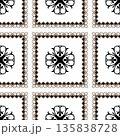 Seamless black, white, and gold graphic pattern featuring ornate floral corners and scrollwork borders, resembling a decorative tile or textile design. Typical egyptian, assyrian and greek motives 135838728