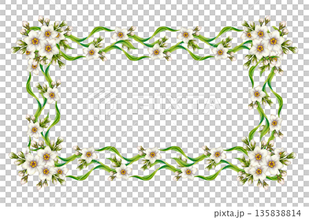 Floral frame with wavy green leaves, white flowers. Botanical watercolor horizontal template in vintage style. Perfect for wedding invites, botanical prints, eco design, summer and spring decoration Floral frame with wavy green leaves, white flowers. Botanical watercolor horizontal template in vintage style. Perfect for wedding invites, botanical prints, eco design, summer and spring decoration 135838814