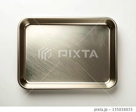 Modern kitchen tableware. Metal tray isolated on white background. Serving plate. Top view. 135838833