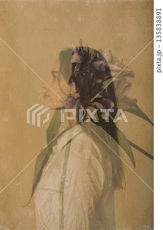 Woman double exposure with irises creating nature connection 135838891