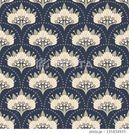 Seamless repeating floral pattern in art deco and folk style. 135838935