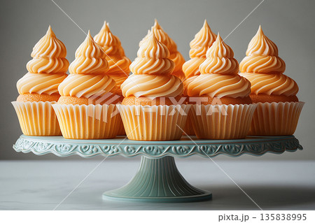 Various cakes in yellow tones on dessert stand with soft lighting. 135838995