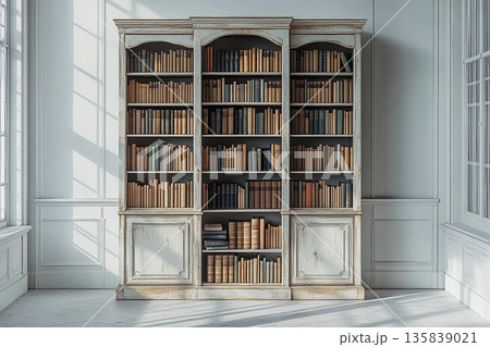 Elegant arrangement. Bookcase in room. Library aesthetic concept. Vintage book covers. Elegant arrangement. Bookcase in room. Library aesthetic concept. Vintage book covers. 135839021