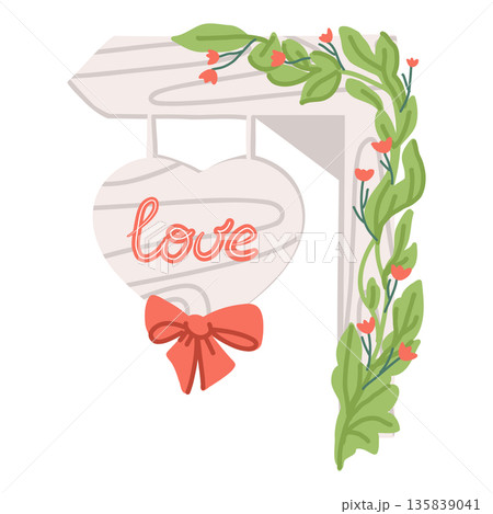 A wooden hanging sign board with a bow and love for Valentine Day with rustic rope signage 135839041