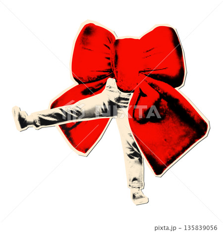 Red bow with halftone legs walking or dancing, funny playful cut out element for collage. Valentine's day, birthday party, surprise. Modern retro mixed media vector illustration transparent background 135839056