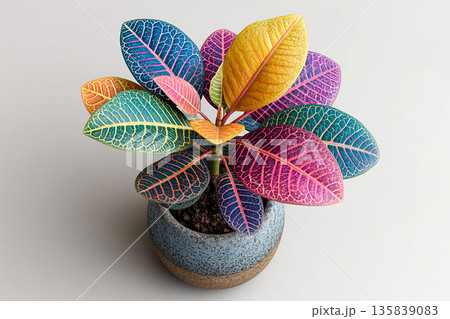 Plant care. Top view. Potted croton plant with colorful leaves on a white background. Plant care. Top view. Potted croton plant with colorful leaves on a white background. 135839083