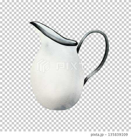 Porcelain jug for water, milk. Watercolor ceramic pitcher illustration isolated on background, transparent png. Vintage clip art. For greeting card, wallpaper, wrapping paper design, textile Porcelain jug for water, milk. Watercolor ceramic pitcher illustration isolated on background, transparent png. Vintage clip art. For greeting card, wallpaper, wrapping paper design, textile 135839109