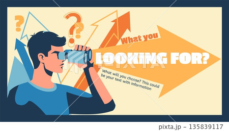 Career decision. Choice arrow direction. Man with binoculars choosing job. Employment way. Doubt student looking for work opportunity. Problem solution pointer. Business pathway option. Vector concept 135839117
