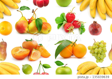 Seamless Pattern. Assorted Fresh Fruits Isolated on White Including Bananas, Persimmons, Pears, Oranges, Grapes, Apples, Cherries, Strawberries and Pomegranate in a Clean Studio Composition Seamless Pattern. Assorted Fresh Fruits Isolated on White Including Bananas, Persimmons, Pears, Oranges, Grapes, Apples, Cherries, Strawberries and Pomegranate in a Clean Studio Composition 135839639