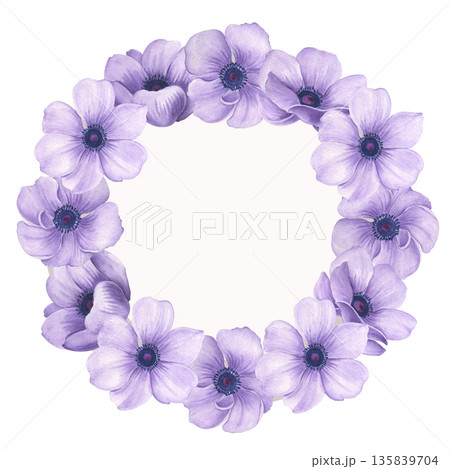 Watercolor floral wreath. Garden wreath with purple anemones. Template for a greeting card or wedding design. Watercolor floral wreath. Garden wreath with purple anemones. Template for a greeting card or wedding design. 135839704