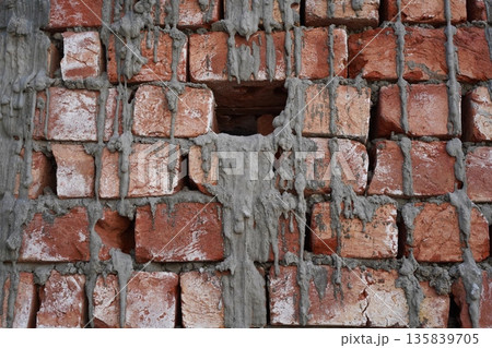 Untidy brickwork with gaps between uneven chopped bricks unfilled with cement mortar. Gray cement stains as melted candle wax on a hand-molded red brick. Abstract background in the style of punk rock. Untidy brickwork with gaps between uneven chopped bricks unfilled with cement mortar. Gray cement stains as melted candle wax on a hand-molded red brick. Abstract background in the style of punk rock. 135839705
