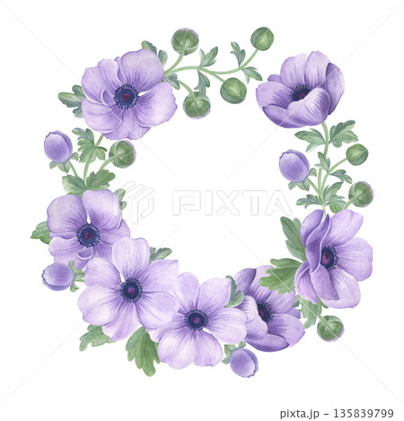 Watercolor floral wreath. Garden wreath with purple anemones and greenery. Template for a greeting card or wedding design. 135839799