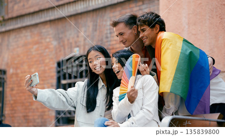 Diverse friends taking selfie celebrating LGBTQ plus pride 135839800