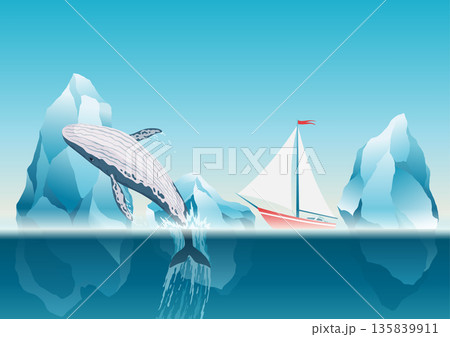 Whale jumping under the blue ocean surface near icebergs. Winter arctic vector illustration. Iceland 135839911