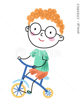 Boy pedals cheerful, Youth with red hair enjoys riding, Young boy with vivid red hair pedals happily, Brighthaired child balances on mini bike in sunny playground Boy pedals cheerful, Youth with red hair enjoys riding, Young boy with vivid red hair pedals happily, Brighthaired child balances on mini bike in sunny playground 135839913