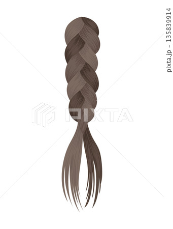 Hair braid. Long female fashion plait. Vector illustration of human hair in natural color. Cartoon art illustration with ribbon isolated on white background 135839914