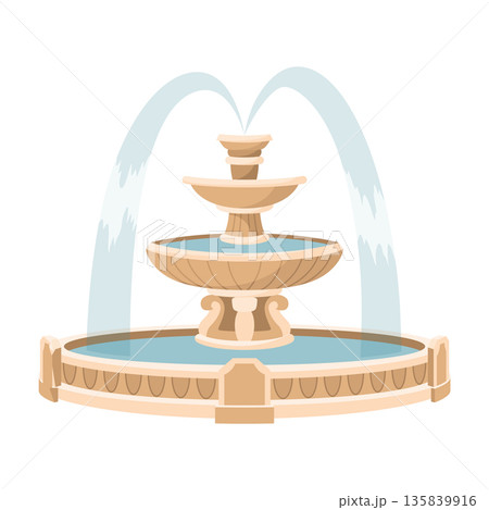 Water fountain and water splash. Vintage and modern architecture decor with splashing drops. Outdoor park decoration with architectural elements cartoon vector 135839916