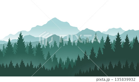 Foggy mountains landscape background. Smoky and rocky panorama with mountains skyline and pine tree forest silhouettes. Scenery with slopes, vector cartoon illustration Foggy mountains landscape background. Smoky and rocky panorama with mountains skyline and pine tree forest silhouettes. Scenery with slopes, vector cartoon illustration 135839932