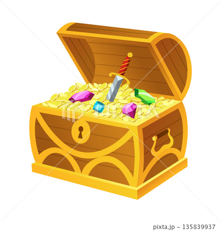 Treasure gold coins. Chest full of shiny royal gold and gemstones. Gold treasure, shiny savings, golden coins isolated on white background. Vector cartoon icon 135839937
