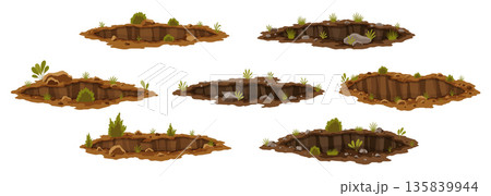 Holes ground set. Works digging of sand coal waste rock or gravel. Brown, dry mine elements of landscape. Cartoon illustration 135839944