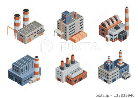 Factory isometric. Architecture of manufactures houses. Industrial buldings. 3d isolated icons. Concept of industrial working plants with chimney pipe tower Factory isometric. Architecture of manufactures houses. Industrial buldings. 3d isolated icons. Concept of industrial working plants with chimney pipe tower 135839946