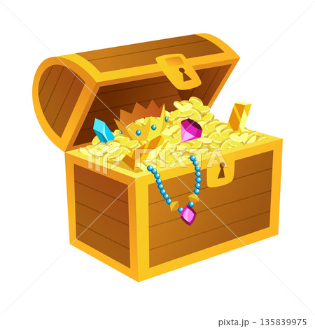 Treasure gold coins. Chest full of shiny royal gold and gemstones. Gold treasure, shiny savings, golden coins isolated on white background. Vector cartoon icon Treasure gold coins. Chest full of shiny royal gold and gemstones. Gold treasure, shiny savings, golden coins isolated on white background. Vector cartoon icon 135839975