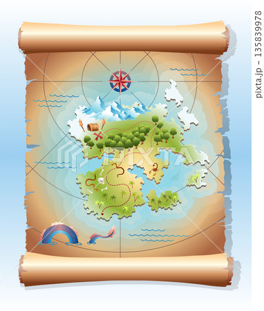 Old treasure or pirate map. Vintage grunge adventure, treasure research game. Worn parchment with land and wind rose. Hand drawn vector illustration 135839978