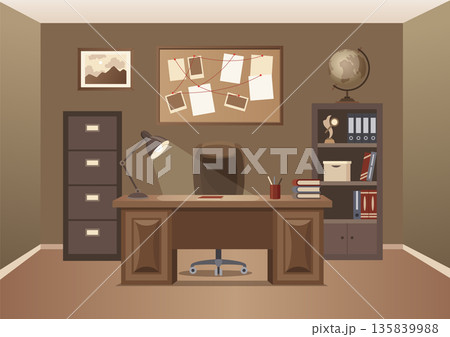 Detective office interior. Crime and criminal evidence. Wall board, wits and deduction system. Vector flat style cartoon illustration isolated on white background 135839988