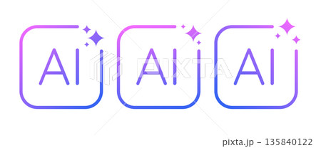 AI buttons set. Artificial intelligence icons. AI icon symbols isolated in rounded square frames. Generate AI symbols, Technology, digital, chip sign. AI-system vector design in neon gradient colors. 135840122