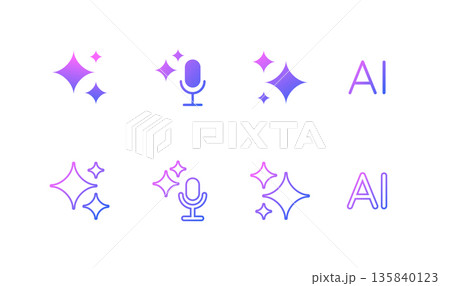 Set of AI icons - flat and linear variations. AI sparkle star with square, search, microphone, letters. Artificial intelligence technology and Machine learning symbols for application and web. Vector 135840123