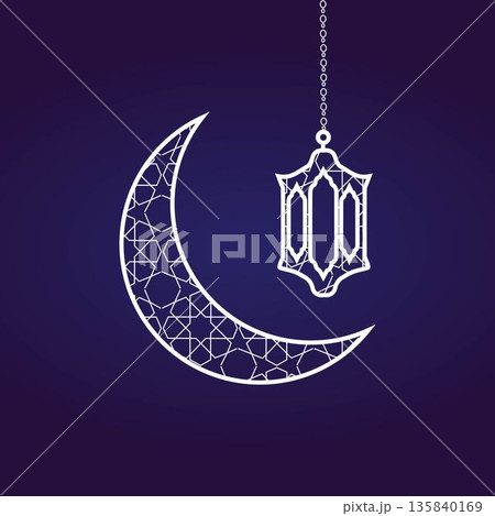 Islamic illustration featuring a crescent moon and hanging lantern with geometric patterns, perfect for Ramadan, Eid, Islamic celebrations, religious backgrounds, greeting designs, banners, posters 135840169