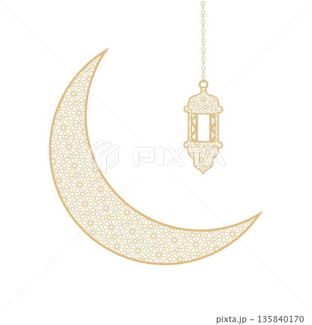 Islamic illustration featuring a crescent moon and hanging lantern with geometric patterns, perfect for Ramadan, Eid, Islamic celebrations, religious backgrounds, greeting designs, banners, posters Islamic illustration featuring a crescent moon and hanging lantern with geometric patterns, perfect for Ramadan, Eid, Islamic celebrations, religious backgrounds, greeting designs, banners, posters 135840170