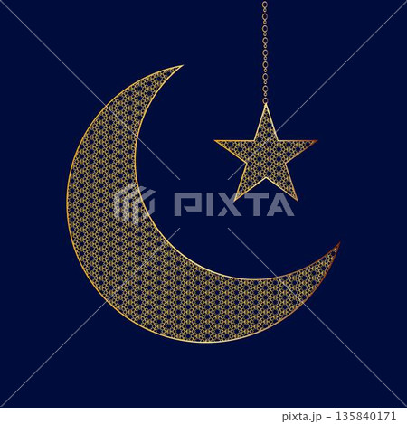 Islamic illustration featuring a crescent moon and hanging lantern with geometric patterns, perfect for Ramadan, Eid, Islamic celebrations, religious backgrounds, greeting designs, banners, posters Islamic illustration featuring a crescent moon and hanging lantern with geometric patterns, perfect for Ramadan, Eid, Islamic celebrations, religious backgrounds, greeting designs, banners, posters 135840171