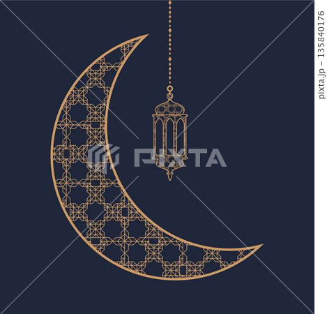 Islamic illustration featuring a crescent moon and hanging lantern with geometric patterns, perfect for Ramadan, Eid, Islamic celebrations, religious backgrounds, greeting designs, banners, posters Islamic illustration featuring a crescent moon and hanging lantern with geometric patterns, perfect for Ramadan, Eid, Islamic celebrations, religious backgrounds, greeting designs, banners, posters 135840176
