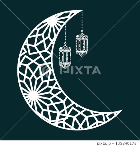 Islamic illustration featuring a crescent moon and hanging lantern with geometric patterns, perfect for Ramadan, Eid, Islamic celebrations, religious backgrounds, greeting designs, banners, posters Islamic illustration featuring a crescent moon and hanging lantern with geometric patterns, perfect for Ramadan, Eid, Islamic celebrations, religious backgrounds, greeting designs, banners, posters 135840178