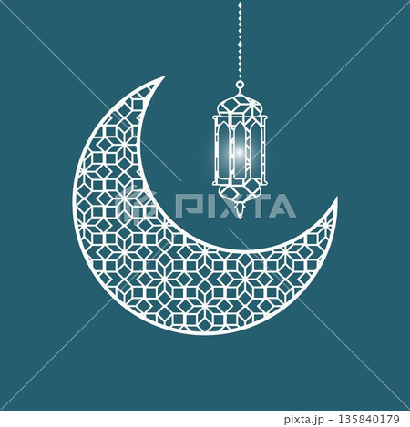 Islamic illustration featuring a crescent moon and hanging lantern with geometric patterns, perfect for Ramadan, Eid, Islamic celebrations, religious backgrounds, greeting designs, banners, posters Islamic illustration featuring a crescent moon and hanging lantern with geometric patterns, perfect for Ramadan, Eid, Islamic celebrations, religious backgrounds, greeting designs, banners, posters 135840179