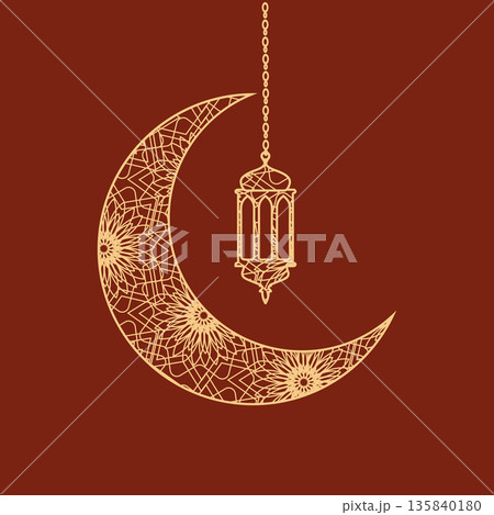 Islamic illustration featuring a crescent moon and hanging lantern with geometric patterns, perfect for Ramadan, Eid, Islamic celebrations, religious backgrounds, greeting designs, banners, posters 135840180
