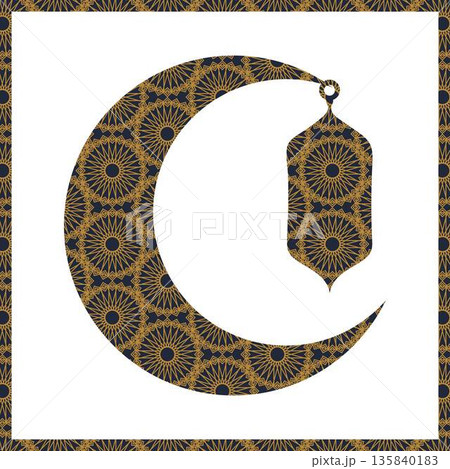 Islamic illustration featuring a crescent moon and hanging lantern with geometric patterns, perfect for Ramadan, Eid, Islamic celebrations, religious backgrounds, greeting designs, banners, posters Islamic illustration featuring a crescent moon and hanging lantern with geometric patterns, perfect for Ramadan, Eid, Islamic celebrations, religious backgrounds, greeting designs, banners, posters 135840183