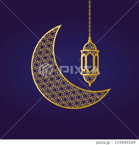 Islamic illustration featuring a crescent moon and hanging lantern with geometric patterns, perfect for Ramadan, Eid, Islamic celebrations, religious backgrounds, greeting designs, banners, posters Islamic illustration featuring a crescent moon and hanging lantern with geometric patterns, perfect for Ramadan, Eid, Islamic celebrations, religious backgrounds, greeting designs, banners, posters 135840184