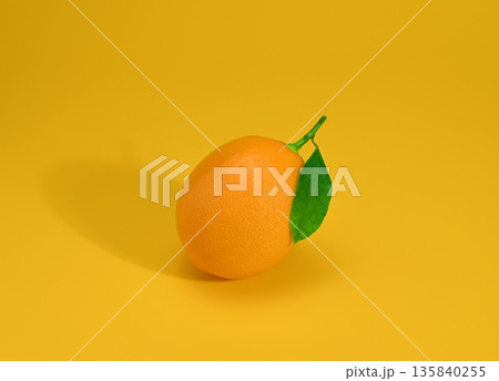 A lemon with a leaf on top of a yellow background 135840255