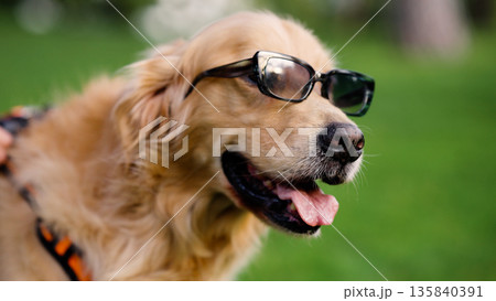 Golden retriever dog wearing sunglasses enjoying park outing 135840391