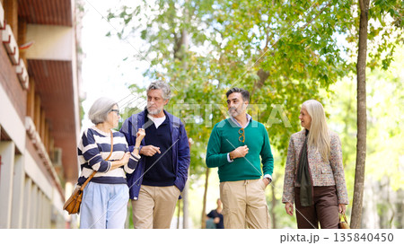 Four friends walking and talking in a park Four friends walking and talking in a park 135840450