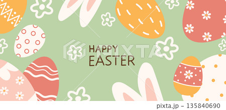 Happy Easter. Bunnies, eggs and flowers. Modern style design, pastel colors 135840690