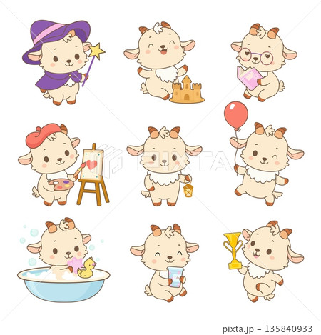 Cartoon kawaii goats. Funny goat different poses. Cartoon animal drawing, reading, washing and drinking. Cute children mascots, nowaday vector set 135840933