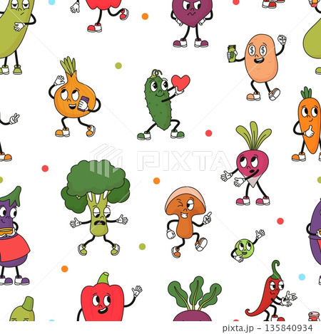 Vegetables groovy characters. Funny retro potato onion broccoli mushroom peppers. Fresh farm healthy food. Creative seamless pattern, textile print, vector background Vegetables groovy characters. Funny retro potato onion broccoli mushroom peppers. Fresh farm healthy food. Creative seamless pattern, textile print, vector background 135840934