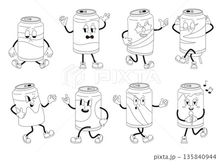 Drink cans groovy characters. Soda, beer, lemonade can. Retro style funny children mascots. Coloring line elements. Different drinks, vector clipart Drink cans groovy characters. Soda, beer, lemonade can. Retro style funny children mascots. Coloring line elements. Different drinks, vector clipart 135840944
