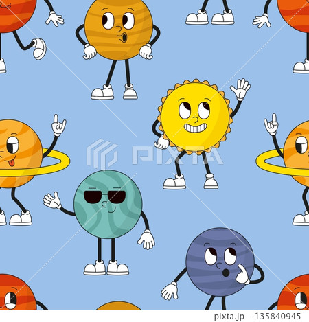 Different planets characters. Solar system, sun, saturn, mars planet groovy cartoon style. Decorative print for textile, fabric, wallpaper, vector seamless pattern Different planets characters. Solar system, sun, saturn, mars planet groovy cartoon style. Decorative print for textile, fabric, wallpaper, vector seamless pattern 135840945