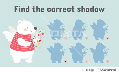 Cupid bear. Find correct shadow polar bear. Valentines day game for adults and children. Cartoon funny animal with bow, arrow and hearts. Cute vector template Cupid bear. Find correct shadow polar bear. Valentines day game for adults and children. Cartoon funny animal with bow, arrow and hearts. Cute vector template 135840946