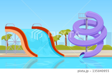 Water slides in waterpark. Aquapark with children attractions, summer vacations and outdoor activities. Pool plastic slide, plastic tunnel, sapid vector scene 135840955