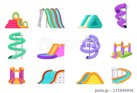 Cartoon water slides. Aquapark equipment, slide inflatable and plastic for waterpool, playground with pipes and tubes. Active games tools, sapid vector set 135840956